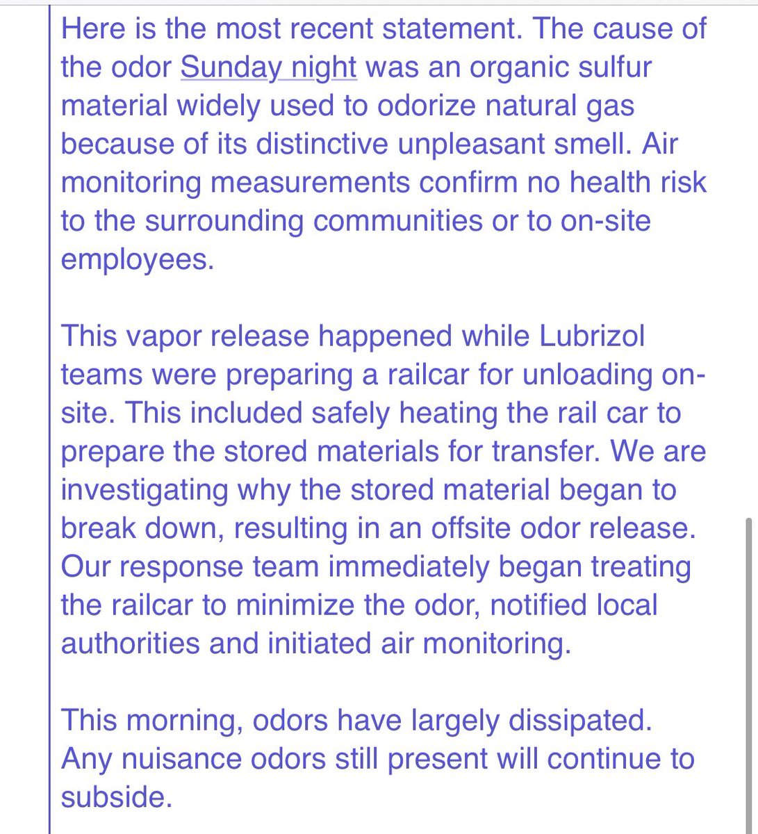 A spokesperson for Lubrizol  this statement explaining what the odor came from